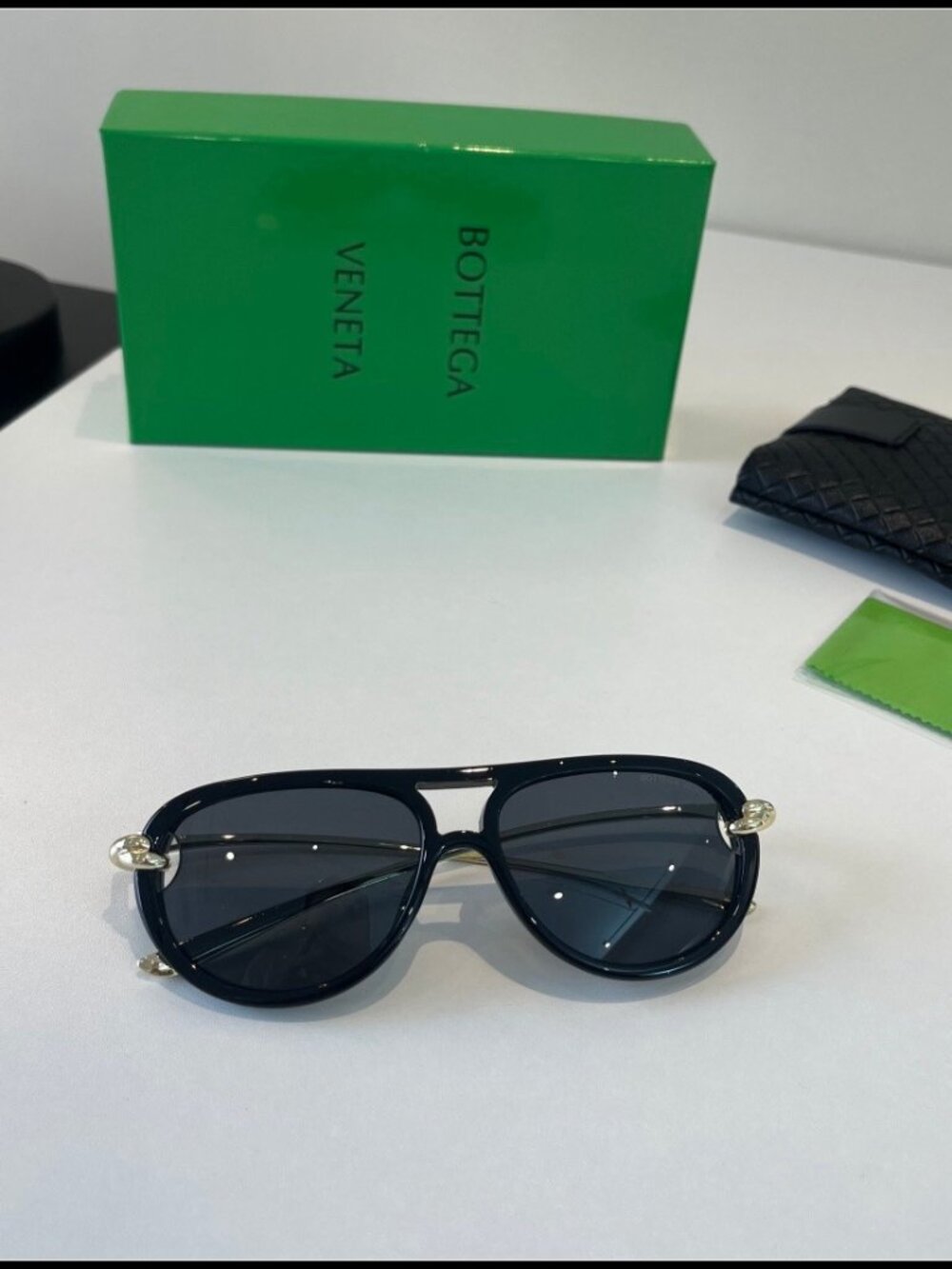 Bottega Veneta Black Aviator Gold Knot Sunnies